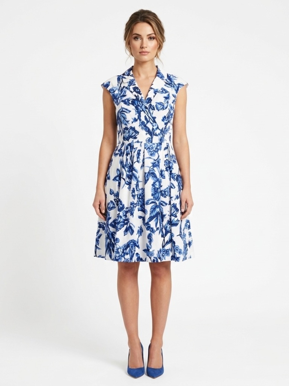 Lela Rose Floral Fit and Flare Midi Dress Womens 10 Blue Wedding Guest